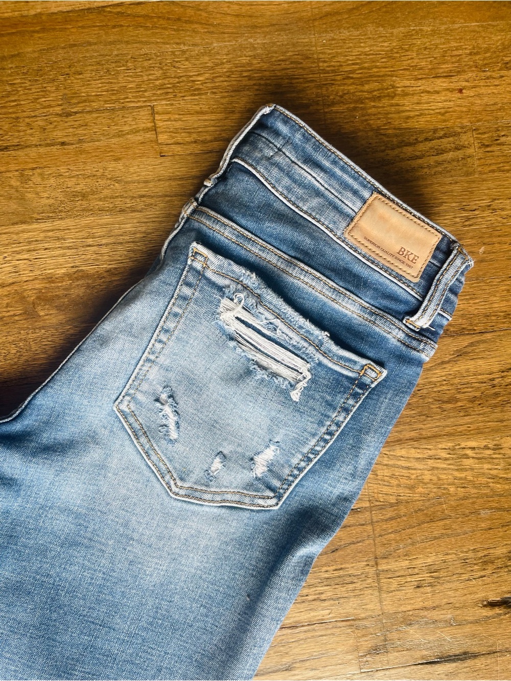 BKE Women's Light Blue Bootcut Jeans with Distressed Back Pocket - Picture 2 of 5